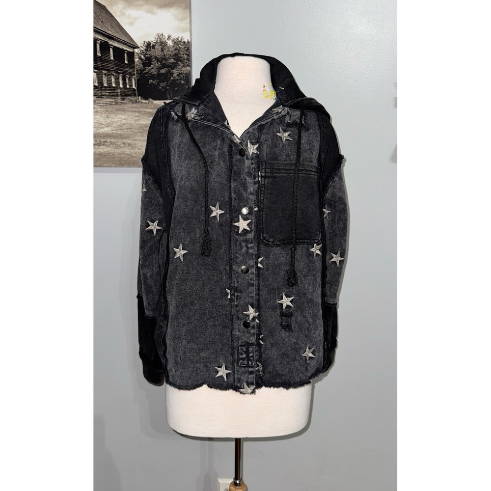 R2 denim and fleece‎ patchwork black distressed jacket embroidered stars small